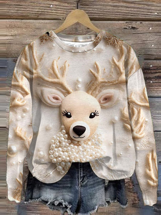 Christmas Elk Print Crew Neck Sweatshirt