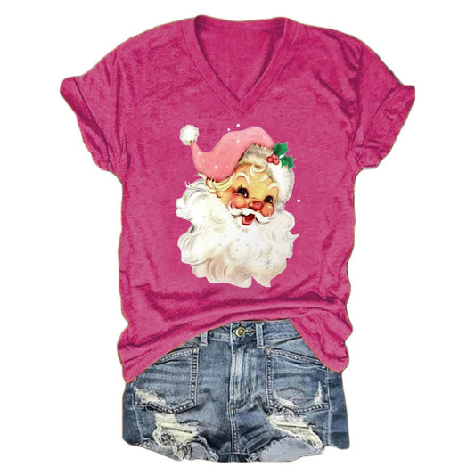 Christmas Pink Santa Print V Neck T-Shirt