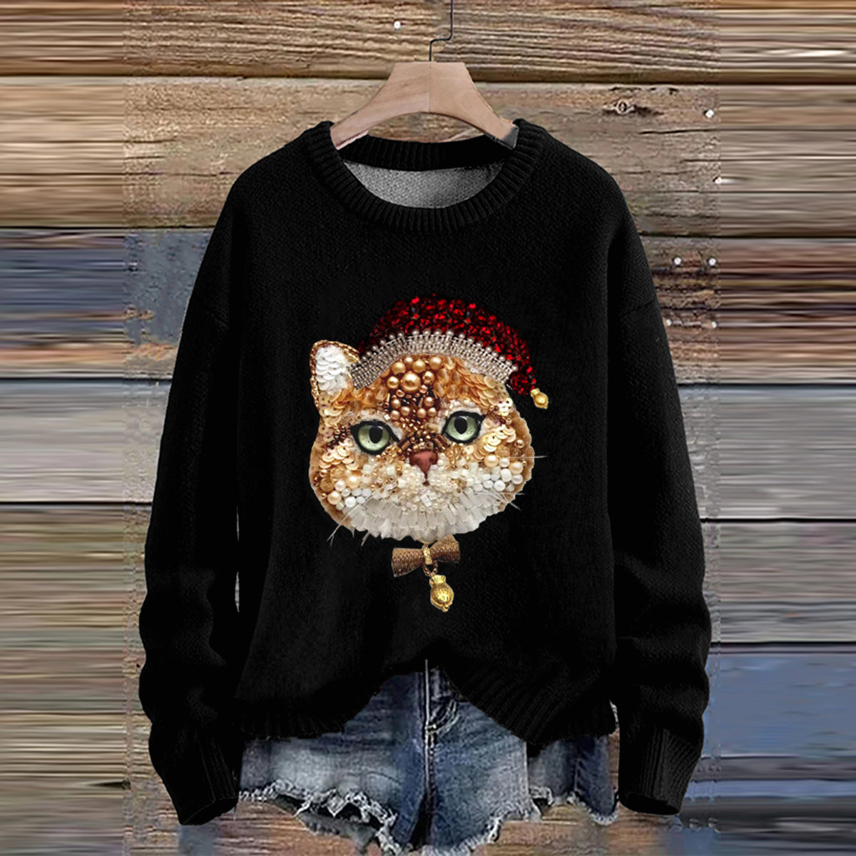 Christmas Jewelry Art Santa Kitten Print Knit Pullover Sweater