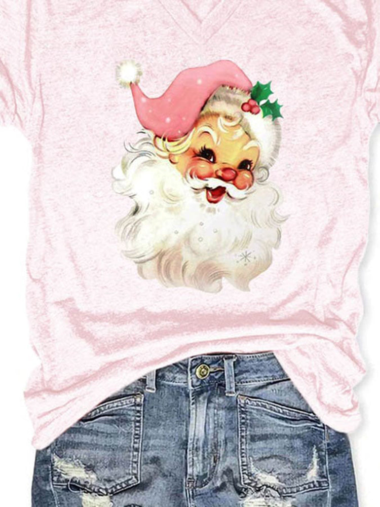 Christmas Pink Santa Print V Neck T-Shirt