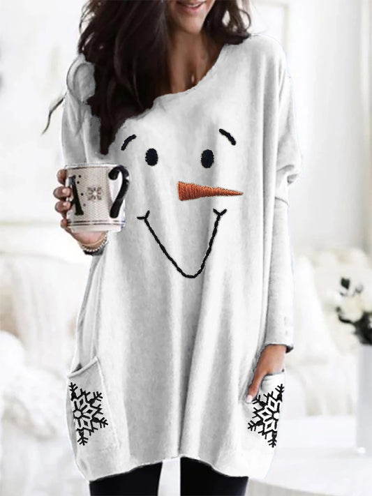 Lovely Snowman Face & Snowflakes Embroidery Cozy Tunic