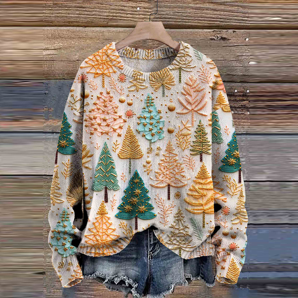 Christmas Tree Print Long Sleeve Knitted Pullover Sweater