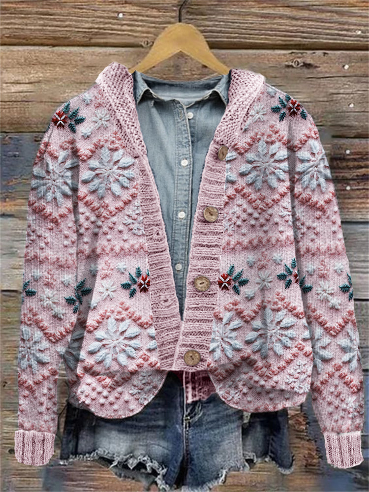 Pink Christmas Snowflakes Vintage Crochet Cozy Hooded Cardigan