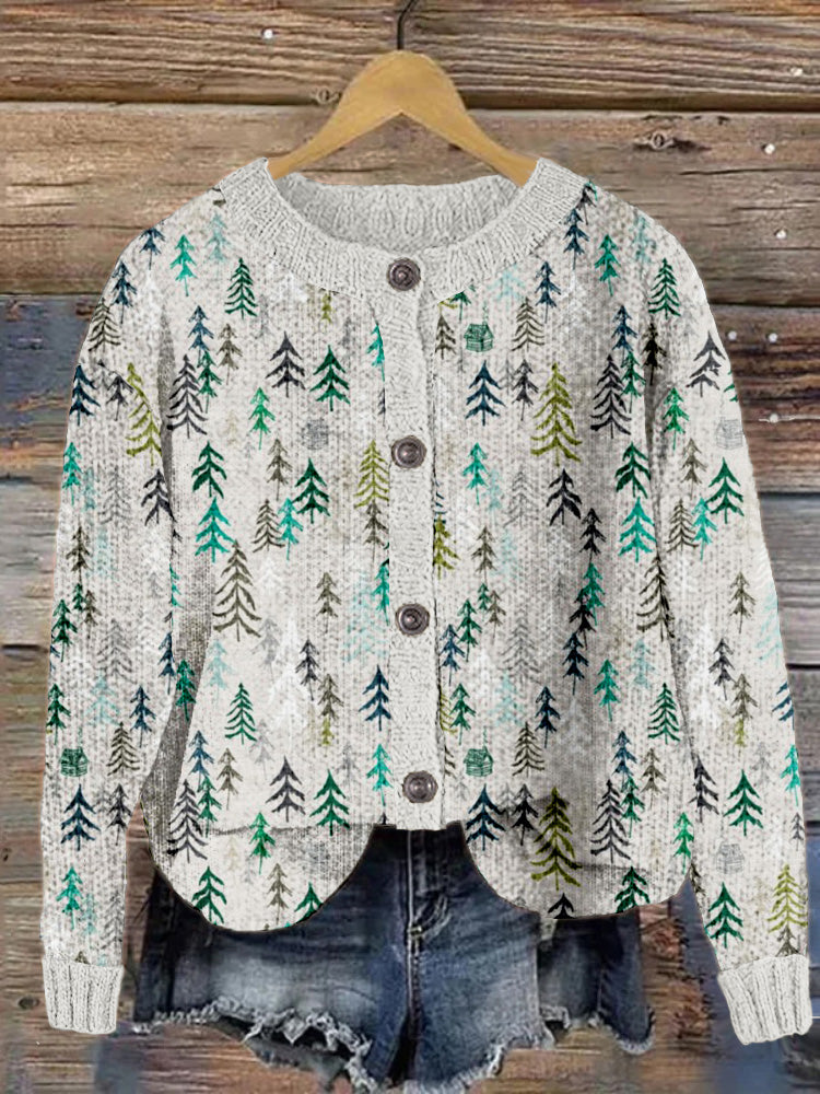 Christmas Trees Graphic Crew Neck Cozy Knit Cardigan