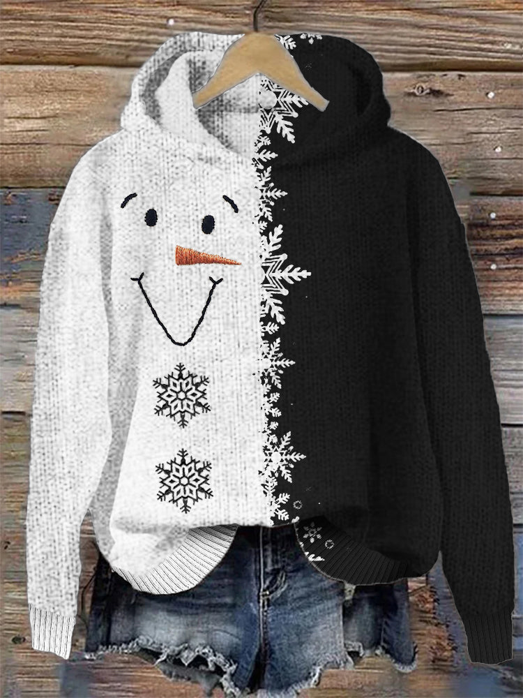 Snowman Face & Snowflakes Embroidery Contrast Cozy Knit Hoodie