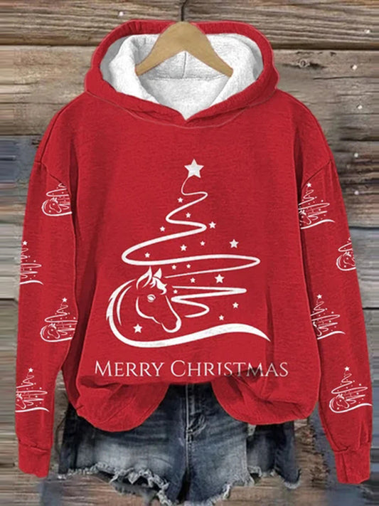 Women's Merry Christmas Horse Christmas Tree Print Hoodie