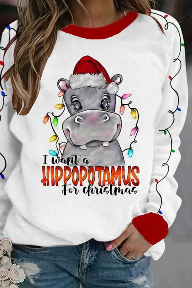 I Want A Hippopotamus For Christma Printed Long Sleeve Sweatshirt