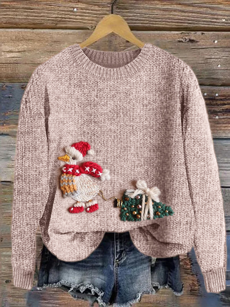 Christmas Duck & Christmas Tree Embroidery Art Cozy Sweater