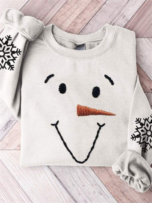 Lovely Snowman Face & Snowflakes Embroidery Sweatshirt