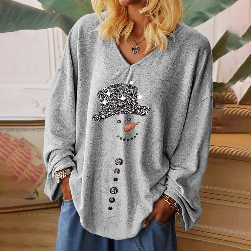 Christmas Snowman Print Casual V-Neck Long Sleeve T-Shirt